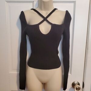 Astr The Label Black Ribbed Cross-Strap Ribbed Sweater